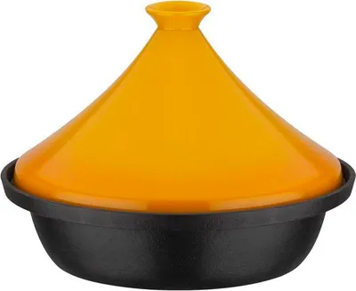 Produktbild von Tajine GSW Ø30 cm, Stahlguss, Induktionsgeeignet, Keramikdeckel, Schwarz und Gelb