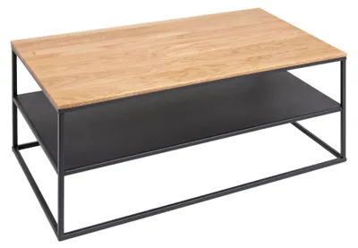 Image de Table basse CALDERO rectangulaire en chêne massif et métal noir – Avec étagère de rangement