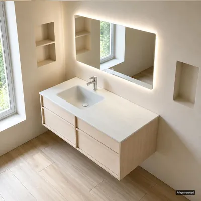 Produktbild von Waschtisch Set, Badmöbel-Set mit Sinterstein-Waschbecken, wandhängendem Waschtischunterschrank, Spiegel, modernes Badezimmermöbel 120×55cm【RW849-120K】
