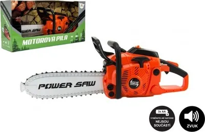 A toy chainsaw and its packaging are displayed against a white background.