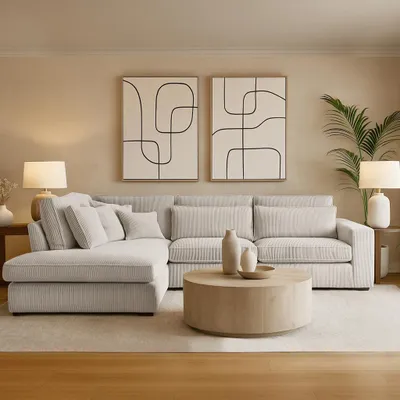 Produktbild von BEAUTYSOFA | Designer - Ecksofa PARMA, L-Form Eckcouch mit Ottomane links, Modernes Sofa in Hellbeige mit Kissen