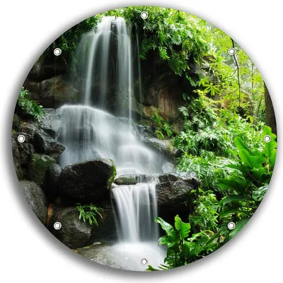 Produktbild von Wallario rundes Outdoor-Poster für Garten oder Balkon, Motiv Sturzbach im Grünen, 30 cm Durchmesser