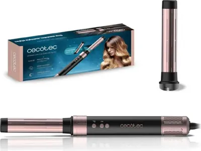 A product shot showing the packaging and the hair styling tool itself, along with a separate view of the tool's attachment.