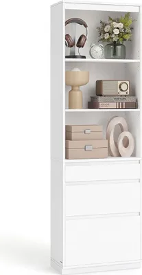 Produktbild von Bücherregal mit Schubladen – weißer Aufbewahrungsschrank – 30 x 57,1 x 180 cm