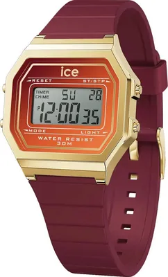 A digital watch with a gold-toned octagonal case and a burgundy strap, displayed against a white background.
