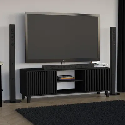 Produktbild von BEAUTYSOFA TV-Schrank HOME 150cm Schwarz – Modernes TV-Board mit 2 Lamellentüren, offenen Fächern, Lowboard für Wohnzimmer, Push-to-Open, Fernsehtisch