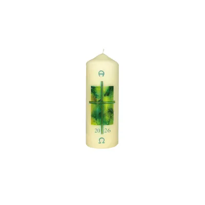 Produktbild von Osterkerze Gelb/Türkis Kreuz mit A und O mit aktueller Jahreszahl 140 x Ø 50 mm