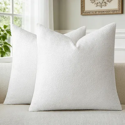 Produktbild von Set mit 2 Kissenbezügen, 50 x 50 cm, weiße Chenille-Dekokissen, waschbar und weich, für Sofa, Wohnzimmer, Schlafzimmer