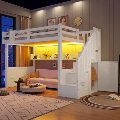 Produktbild von Merax Etagenbett Hochbett 90x200cm, Stockbett mit Stauraumtreppe, LED-Beleuchtung, Kleiderschrank, Staufächern, Holz Kinderbett, Jugendbett, Weiß