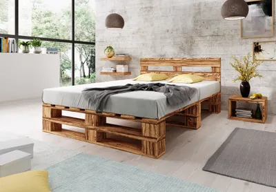 Produktbild von Lermowood Palettenbett M2 140 x 200 cm mit Kopfteil Geflammt Holzbett Massivholzbett Bett aus Paletten Seniorenbett Kinderbett Jugendbett