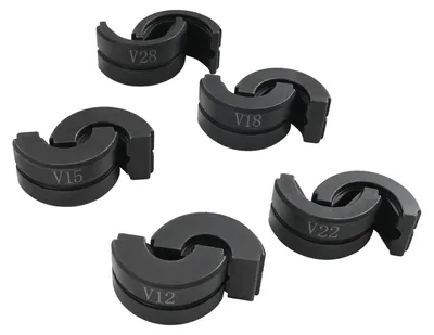 Produktbild von Konturpresszange mit V-Backen - 5-teiliges Set - Für 12, 15, 18, 22 und 28 mm Kupferrohre - Rohrpresswerkzeug - Schwarz