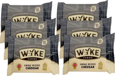 Produktbild von Food-United Vintage Reserve WHITE-CHEDDAR Cheese 6x200g Stück von WYKE-FARMS extra mature english cheddar cheese 15 Monate gereift englischer Hartkäse ideal für Käseplatten Pasta Fondue Burgern Saucen Pickles Trauben
