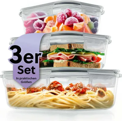 A stack of three glass food storage containers filled with different foods.