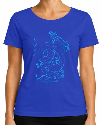 Imagen del producto de Camiseta para mujer con diseño de dragón japonés en azul neón, con caracteres katakana "ドラゴン" (dragón), estilo cyberpunk yakuza, diseño retro. Color: azul. Talla: S