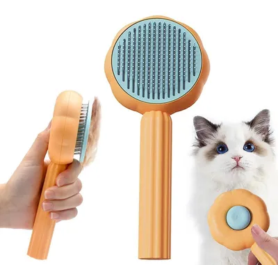Image de Brosse auto-nettoyante pour poils d'animaux, idéale pour chiens et chats, avec un seul bouton de nettoyage, de couleur orange