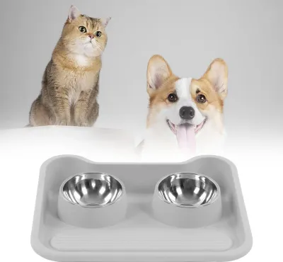 Produktbild von Katzen-Wassernapf, 15-Grad-Neigung, verhindert Verschütten, Edelstahl, Doppel-Haustier-Set, Grau