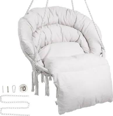 Produktbild von VEVOR Hängesessel, 150 kg Tragkraft, Makramee-Hängesessel mit Kissen und Befestigungsmaterial, Schaukelstuhl aus Baumwollseil für Schlafzimmer, Balkon, Terrasse, Garten, Beige