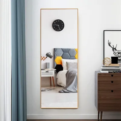 Produktbild von GOPLUS 150 x 56 cm Ganzkörperspiegel, Wandspiegel mit Aluminiumrahmen, zum Aufhängen oder Anlehnen an die Wand, Standspiel für Garderobe, Schlafzimmer (Gold)