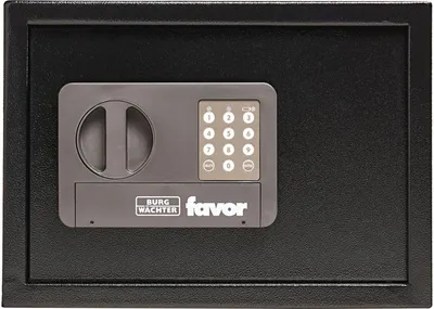 A black safe with a digital keypad and a dial is shown against a black background.