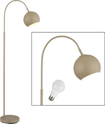 A floor lamp with a curved arm and a spherical shade, shown against a white background. A close-up inset shows the lamp head and a separate LED light bulb.