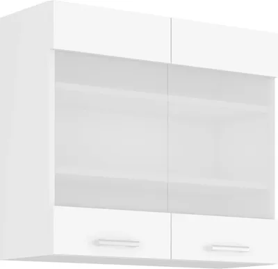 A white wall cabinet with two glass doors and two drawers.