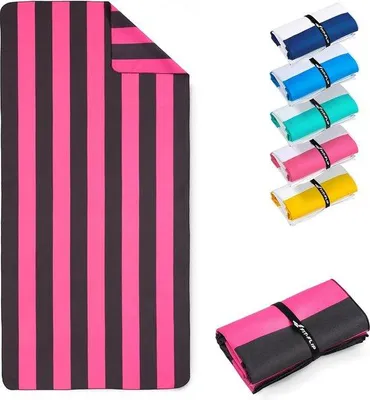 Productafbeelding van Famanu Strandlaken XXL - Microvezel handdoek met strepen in roze en donkergrijs, 200 x 90 cm