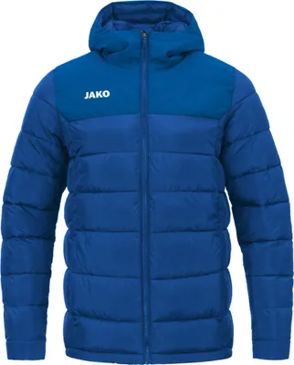 A studio shot of a blue hooded puffer jacket.