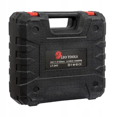 A black plastic case for a power tool, with a label showing brand and specifications.