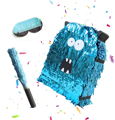 Produktbild von Relaxdays Pinata Monster, mit Stab & Augenmaske, Partypinata zum Befüllen, Kindergeburtstag, HBT 49,5 x 39 x 10 cm, blau