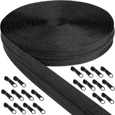 Produktbild von Endlos Reissverschluss Schwarz mit Zipper, 5mm 20m Nylon Endlosreißverschluss Meterware und 40 Schwarz Zipper aus Metall für Kleidung Tasche Mäppchen Bettwäsche