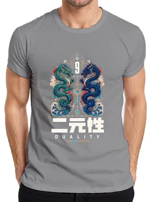 Productafbeelding van Duality, Japans draak, Yin Yang, Azië, Japan, Y2K, Verre Oosten, Kanji, Heren T-shirt, Grijs, Maat L