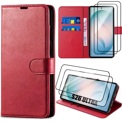 Image de Coque + 2 Verres Trempés pour Samsung Galaxy S26 Ultra, Protection Rabat Anti-Rayures Antichoc Synthécuir Rouge