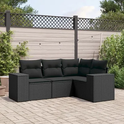 Produktbild von Design 4-tlg. Garten-Sofagarnitur mit Kissen Schwarz Poly Rattan, Gartensofas 2024 Neu