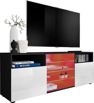 Produktbild von Komodee | TV-Schrank mit 3 Glasböden und 2 Türen Urbino, Korpus Schwarz Matt Frontfarbe Weiß Hochglanz, LED RGB