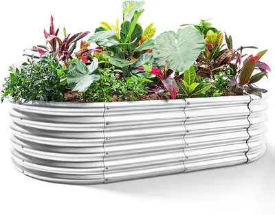 Imagen del producto de Juego de jardineras elevadas galvanizadas, de metal, para exteriores, ovaladas, de metal, ideales para cultivar verduras y flores, dimensiones: 1,8 x 0,9 x 0,5 metros, color plateado
