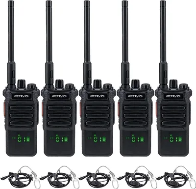 Five black walkie-talkies are arranged in a row against a white background. Below the walkie-talkies are five coiled black cables with clear earpieces.