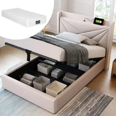 Image de OKWISH Lit coffre 90 x 200 cm – Sommier à lattes et rangement pratique – Beige