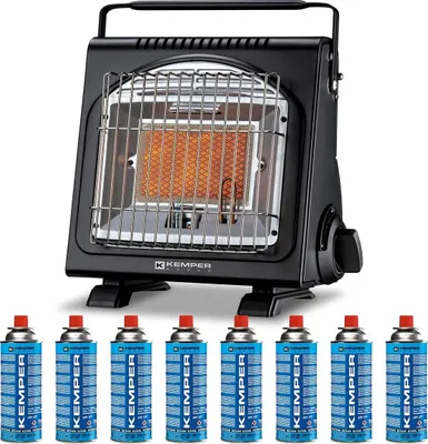 Image de Chauffage à gaz portable Piezo 1700W Systèmes Sécurité intégrés + 8 Cartouches de gaz Butane Autonomie 2h30 KEMPER