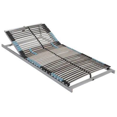 A slatted bed base with an adjustable headrest, shown from a diagonal angle against a white background.