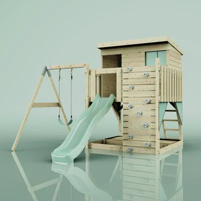 Produktbild von OutdoorToys Spielturm Tjorven aus Holz in Grün Mintgrün, mit Kinderschaukel