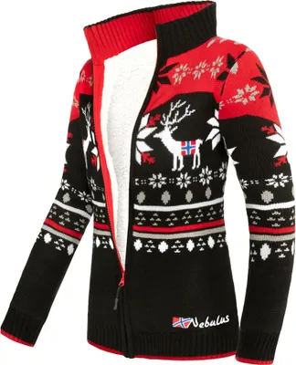 Produktbild von Nebulus Norweger Strickjacke mit Teddyfell SVERRE Damen, gefütterte Jacke , mit Reißverschluss , P6009 - Damen, schwarz-rot, S/36