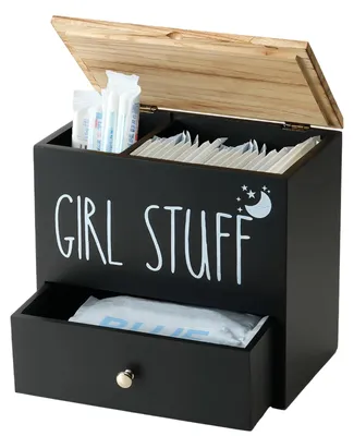 Image de Boîte de rangement pour tampons à 3 compartiments, avec couvercle et tiroir ; rangement de salle de bain en bois ; boîte de rangement pour tampons avec tiroir ; support pour tampons, cotons-tiges et disques de coton – Noir