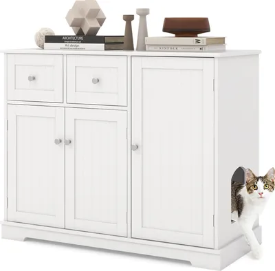 Produktbild von COSTWAY Katzenschrank für Katzentoilette, Katzenklo Schrank mit 2 Schubladen, 3 Türen & Eingang, Katzenkommode Beistelltisch 100x45x80cm Weiß