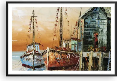 Produktbild von Gerahmtes Poster - Schwarzer Rahmen - Kutter Hafen Öl - 91,5x61 cm - Wand Bild - Wanddeko - Wandbilder - Kunstposter - Wandposter - Bilderrahmen - Bilder - Kunstdruck - Wandbild - P2BAA91x61-4216