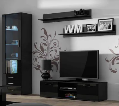 Produktbild von Furniture24 Wohnwand SOHO 7 mit Blauer LED Beleuchtung, Anbauwand, Wohnzimmerschrank, Schrankwand, Vitrine, Lowboard, Hängeregal Schwarz/Schwarz Hochglanz