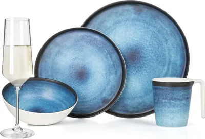 Zdjęcie produktu dla Zestaw naczyń kempingowych z melaminy dla 4 osób Deep Ocean + 4 szklanki Milano Champgner Flûtes Zastawa stołowa Piknik BBQ Naczynia kuchenne