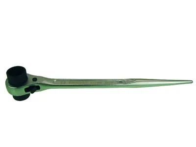 A silver and black ratcheting wrench with a socket attached, isolated on a white background.