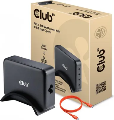 Produktbild von Club 3D Ladegerät 240 Watt GaN-Technologie, vier Anschlüsse USB Typ-C, Power Delivery (PD) 3.1 und PPS-Unterstützung
