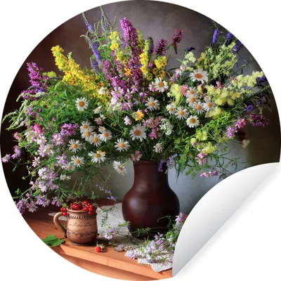 Produktbild von MuchoWow® Runde Wandtattoo - Wandsticker Tapete Aufkleber Blumen - Tisch - Stilleben - Blumenstrauß - Vase Ø 100 cm Selbstklebend und Repositionierbar - Wandaufkleber - Kreis - Tapetenkreis - Wandbild rund - Schlafzimmerdekoration - Wanddeko - runde Tapete - Kunst für zu Hause