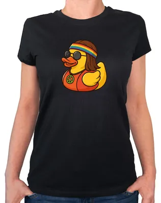 Produktbild von Huuraa Damen T-Shirt Quietscheente Hippie Gummiente Peace L Black Bio Baumwolle Fairtrade Damenshirt Geschenkidee